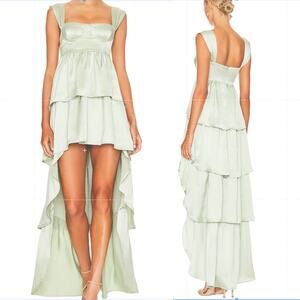 NWT WEWOREWHAT Hi-Low Tiered Ruffled Hem Corset Green Satin Maxi Party Dress 00